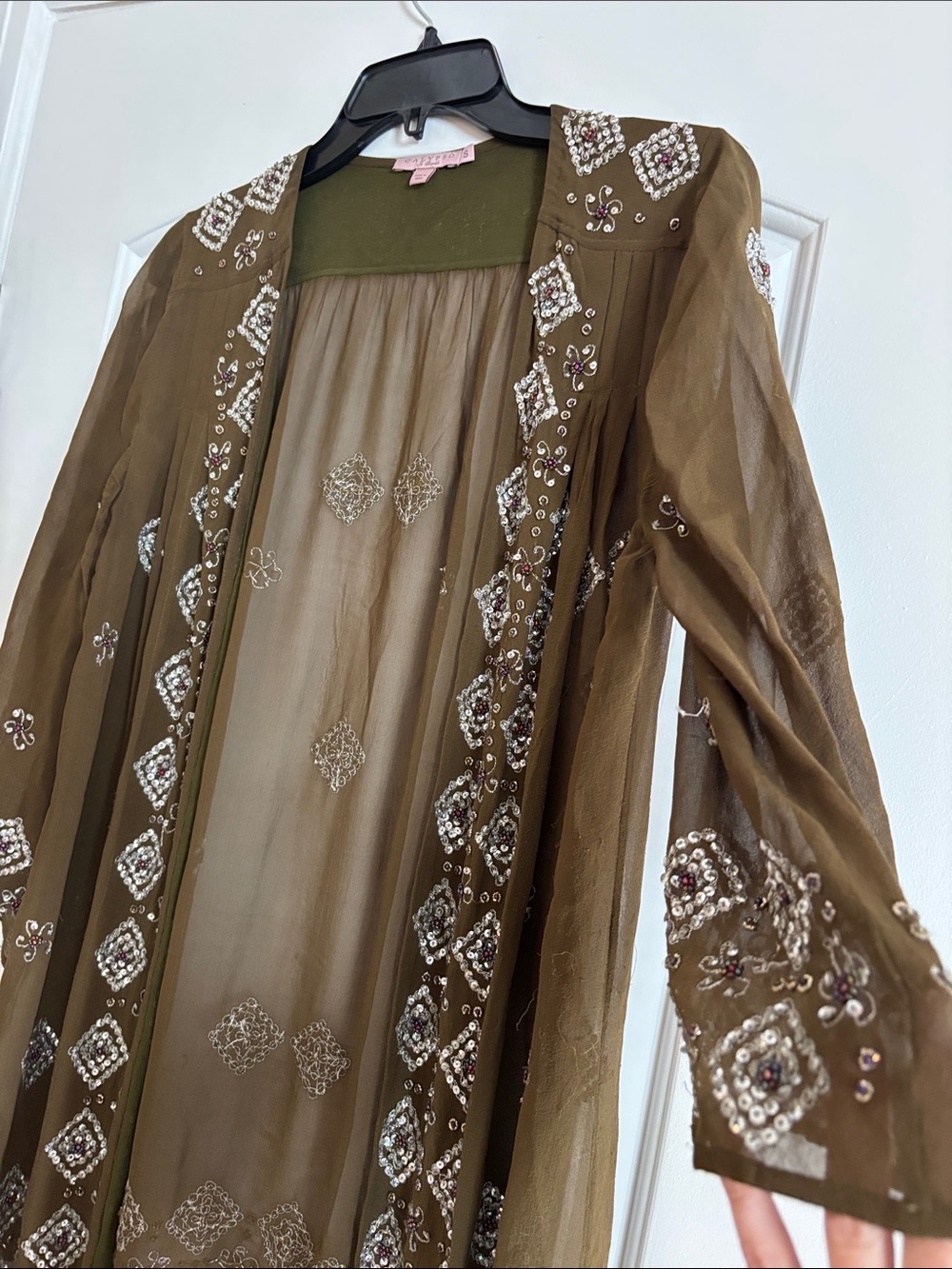 Calypso St. Barth Olive and Tan Textured Jeweled Silk Open Cardigan Small - Picture 4 of 10